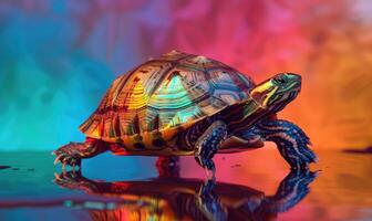 ai generado Tortuga en un antecedentes de multicolor ligero foto