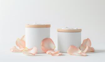 AI generated Pair of creme jar blank mockups adorned with pastel flower petals. White background photo
