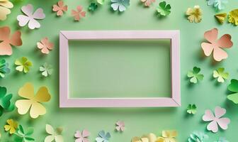 AI generated St. Patrick's Day background with shamrocks and blank frame photo