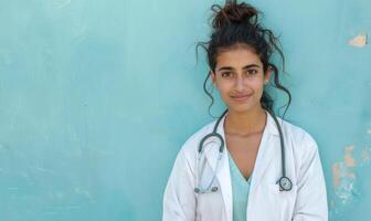 AI generated Portrait of a smiling female doctor with stethoscope on blue background photo