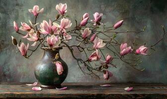 AI generated Magnolia blossom bouquet in a vintage vase on a wooden table photo