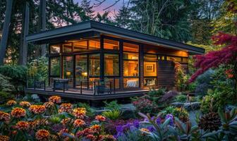 AI generated Twilight casting a warm glow on the exterior of a modern wooden cabin amidst the vibrant colors of a spring garden bursting with flowers and foliage photo