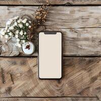 AI generated Smartphone mockup with a blank screen on a rustic wooden table background photo