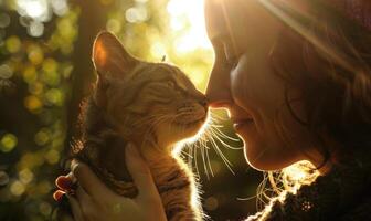 ai generado joven mujer con linda gato al aire libre en soleado día, de cerca. humano y mascota amistad foto