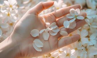 ai generado de cerca de un mujer mano con un neutral manicura, adornado con delicado flor pétalos foto