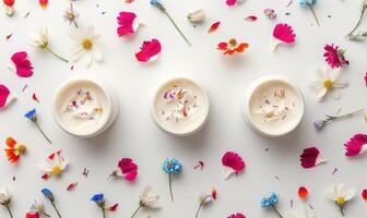 ai generado Tres crema tarro blanco maquetas anidado en medio de delicado flor pétalos en un blanco antecedentes foto