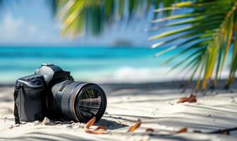 AI generated Camera on a tropical beach with palm tree in the background. Focus on camera photo