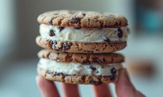 AI generated Ice cream sandwich with cookie crunch, closeup photo