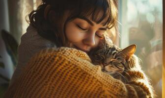 AI generated A girl in a warm sweater hugs a cat on the windowsill. photo