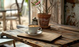 ai generado café taza en de madera mesa en café comercio, valores foto