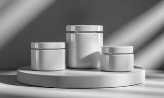 AI generated Mockup rendering of three white round cosmetic jars on white podium. photo