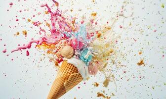 AI generated Ice cream cone explosion on white background photo