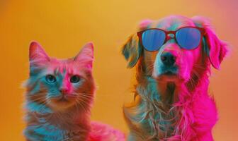 AI generated Cat and dog with glasses on a colored background. Studio shot. photo