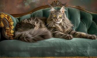 AI generated Majestic Maine Coon cat lounging on a plush velvet cushion photo