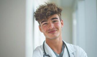 ai generado retrato de sonriente masculino médico con estetoscopio en pie en hospital corredor. foto