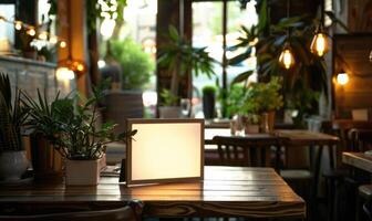 AI generated Blank photo frame on wooden table in cafe. Mockup for design