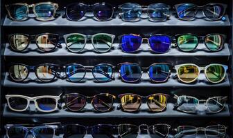 AI generated Sunglasses on display in a shop window, close-up photo