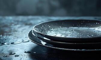 AI generated Empty black plates with water drops on dark background. Copy space. photo