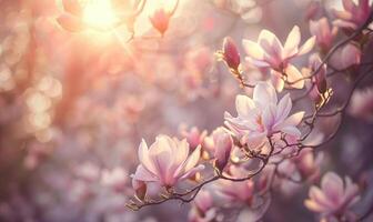 AI generated Magnolia blossoms illuminated by soft sunlight filtering through the trees photo