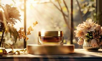 AI generated Cosmetic cream jar on golden pedestal in front of window with morning sunlight photo