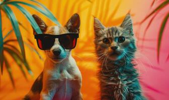 AI generated Cat and dog in sunglasses on a background of tropical palm leaves. photo