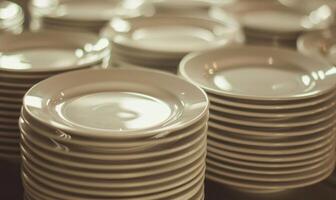 AI generated Close up of a stack of porcelain plates in a restaurant photo