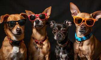 AI generated Group of dogs with sunglasses on a black background. Close-up. photo