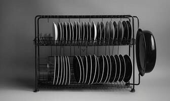 AI generated Black metal rack with clean dishes on gray background. photo