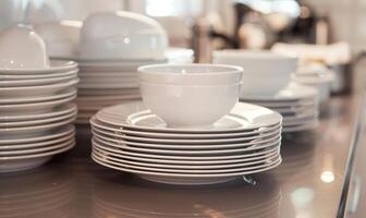 AI generated Closeup of white porcelain dishes on a table in a restaurant photo