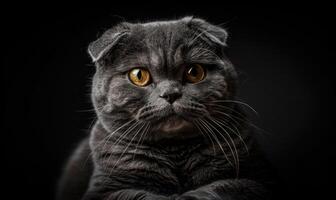 ai generado retrato de un escocés doblez gato en un negro antecedentes foto