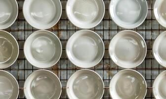 AI generated Ceramic tableware, top view of empty bowls and saucers photo