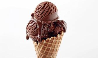 AI generated Chocolate ice cream cone on white background. photo