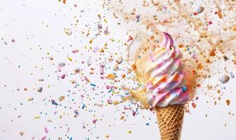 AI generated Ice cream cone explosion on white background photo