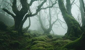 AI generated Mysterious dark forest with mossy trees and fog in the background photo