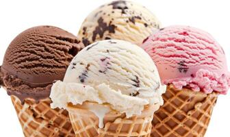 AI generated Neapolitan ice cream cones on white background photo