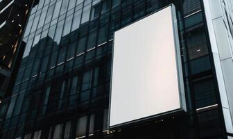 AI generated Blank screen banner mockup displayed on the modern building facade. Close Up view. photo