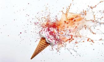 AI generated Ice cream cone explosion on white background photo