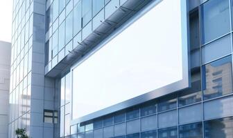 AI generated Blank screen banner mockup displayed on the modern building facade. Close Up view. photo