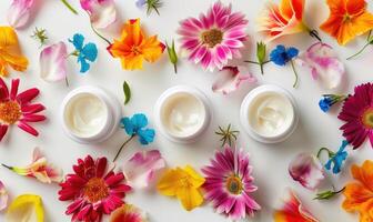 AI generated Three creme jar blank mockups nestled amidst delicate flower petals on a white background photo