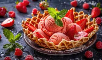 AI generated Strawberry ice cream in a waffle bowl closeup photo