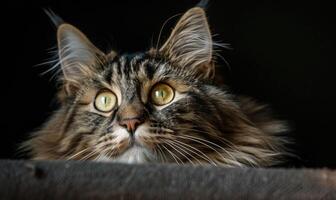 AI generated Maine Coon cat gazing curiously at the camera with a playful expression photo