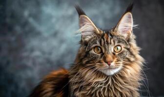 AI generated Maine Coon cat gazing curiously at the camera with a playful expression photo