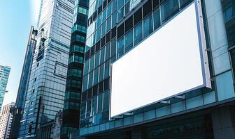 AI generated Blank screen banner mockup displayed on the modern building facade. Close Up view. photo