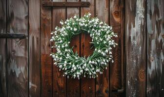 AI generated Snowdrops wreath on a wooden door photo