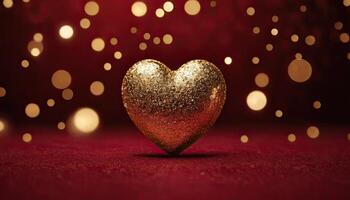 AI Generated Love, Heart, Celebration. heart on textured surface beneath, soft focus golden lights create bokeh in background. Celebration card or romantic events invitation. Valentine day photo