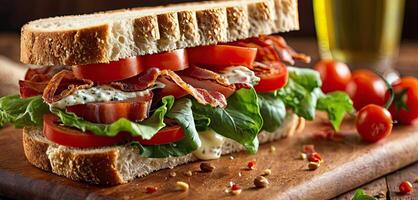 AI Generated sandwich with extra bacon, seed bread displayed on wooden board in rustic diner. Close-up view, BLT sandwich, grill marks, photo