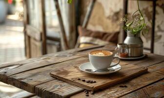 ai generado café taza en de madera mesa en café comercio, valores foto