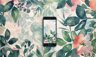 AI generated Smartphone mockup on watercolor floral patter photo