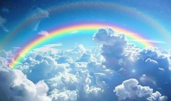 AI generated Rainbow in the blue sky with clouds and rainbow. photo