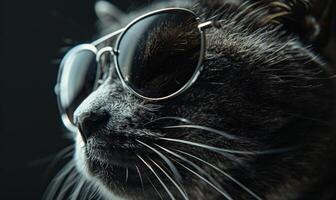 ai generado cerca arriba de gato vistiendo Gafas de sol en negro fondo, superficial profundidad de campo foto